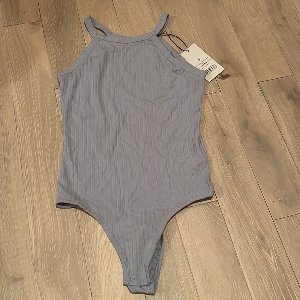 NA-KD Recycled High Neck Ribbed Bodysuit in Dusty Light Blue (S)